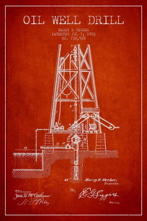 Oil Well Drill Red Patent Blueprint