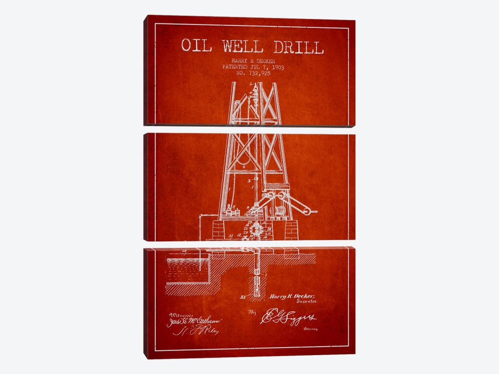 Oil Well Drill Red Patent Blueprint by Aged Pixel 3-piece Canvas Print