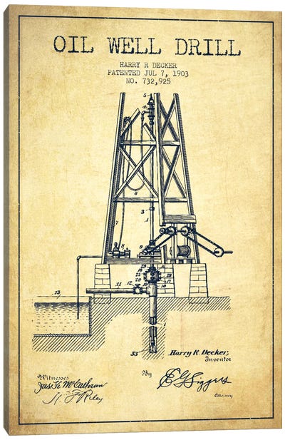 Oil Well Drill Vintage Patent Blueprint Canvas Art Print - Aged Pixel: Engineering & Machinery