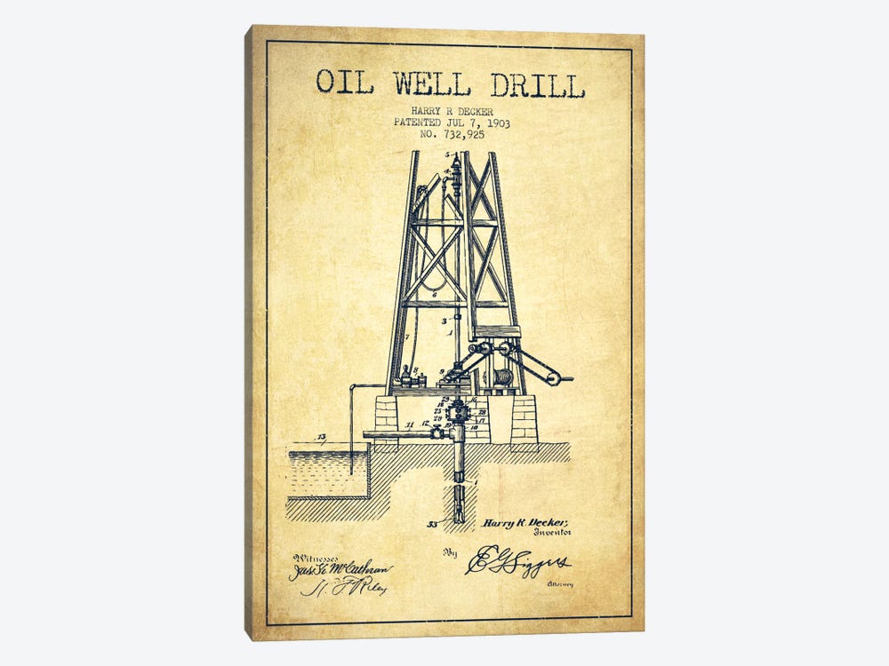Oil Well Drill Vintage Patent Blueprint by Aged Pixel 1-piece Canvas Artwork