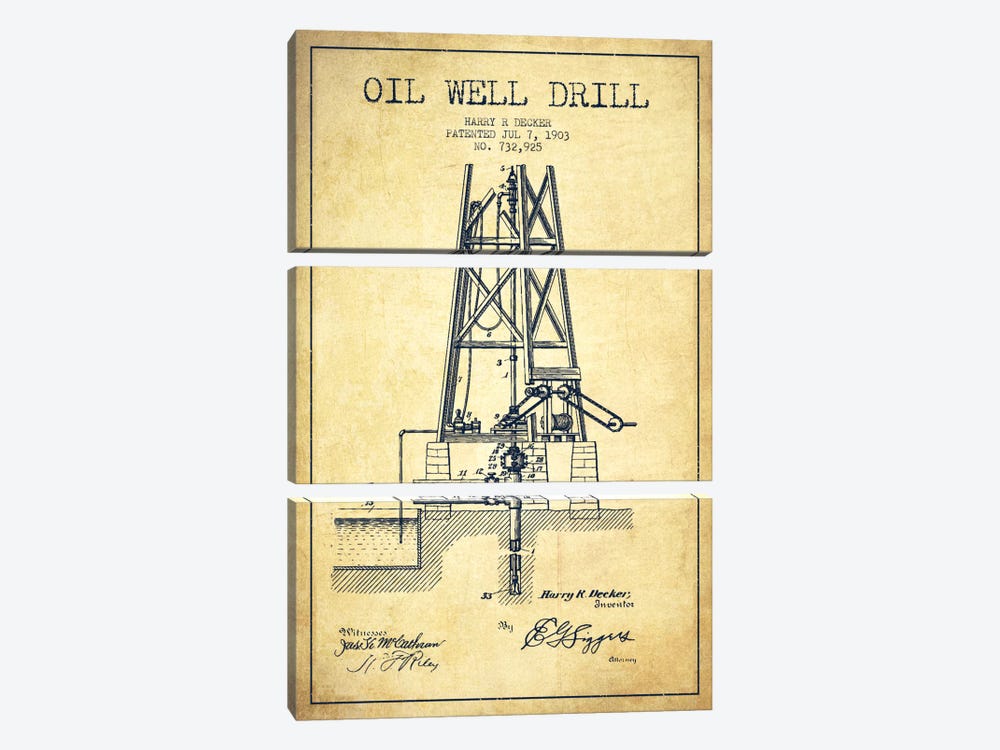 Oil Well Drill Vintage Patent Blueprint by Aged Pixel 3-piece Canvas Artwork