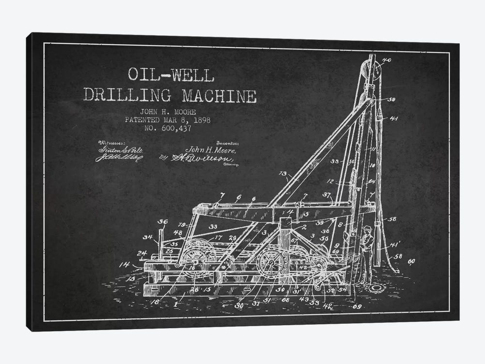 Oil Well Drilling Charcoal Patent Blueprint by Aged Pixel 1-piece Canvas Print