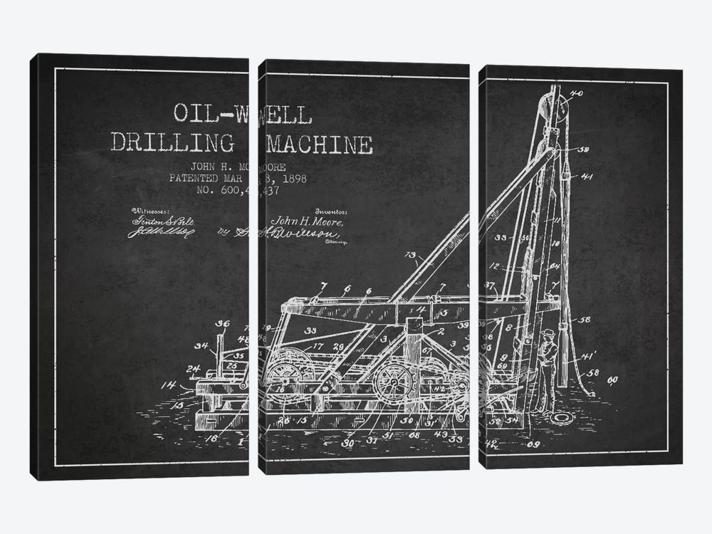 Oil Well Drilling Charcoal Patent Blueprint by Aged Pixel 3-piece Art Print