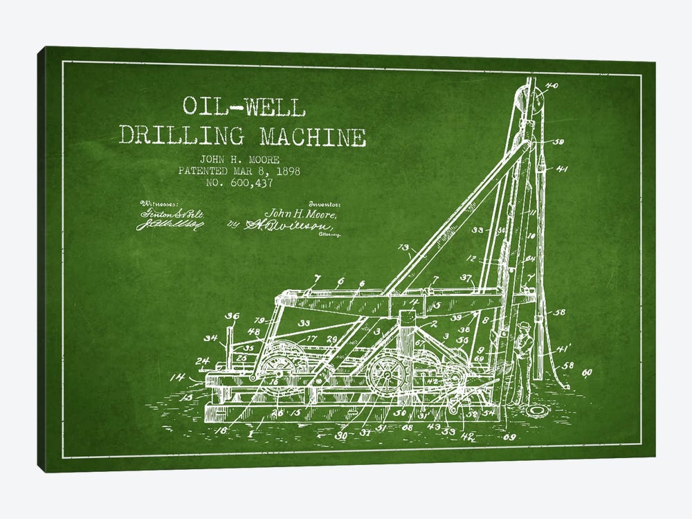 Oil Well Drilling Green Patent Blueprint by Aged Pixel 1-piece Canvas Art
