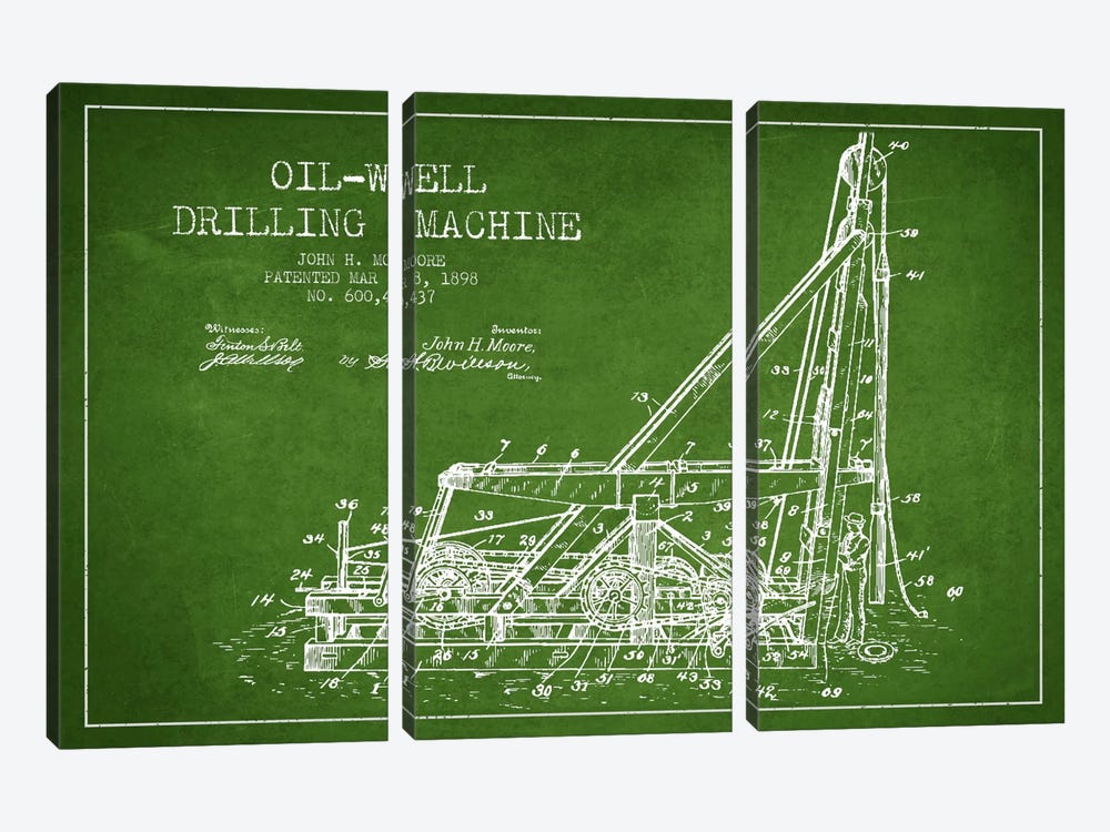 Oil Well Drilling Green Patent Blueprint by Aged Pixel 3-piece Canvas Wall Art