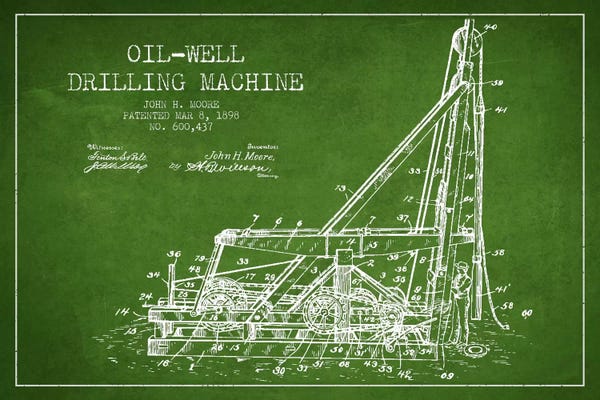 Engineering & Machinery Blueprints: Oil Well Drilling Green Patent Blueprint by Aged Pixel