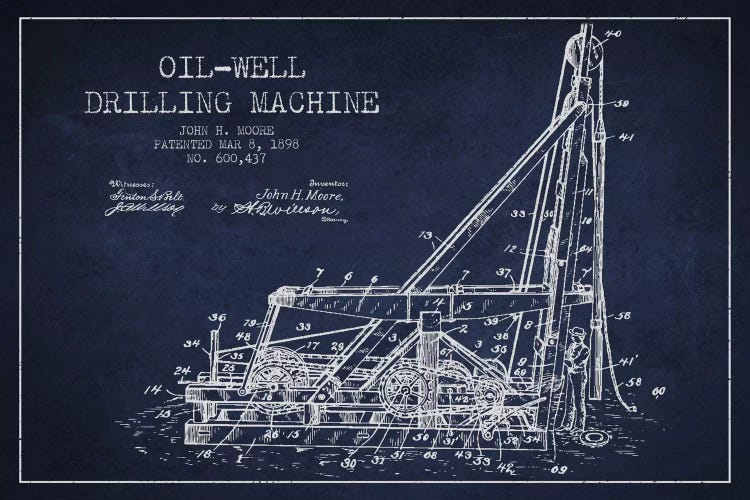 Oil Well Drilling Navy Blue Patent Blueprint