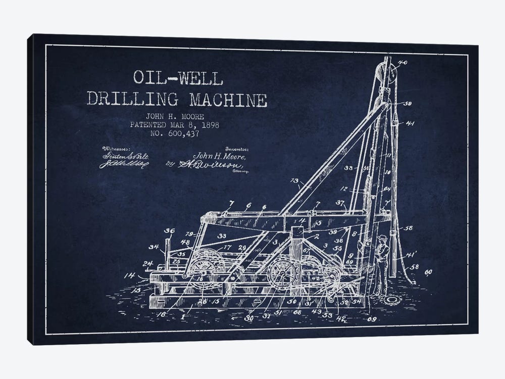 Oil Well Drilling Navy Blue Patent Blueprint by Aged Pixel 1-piece Art Print