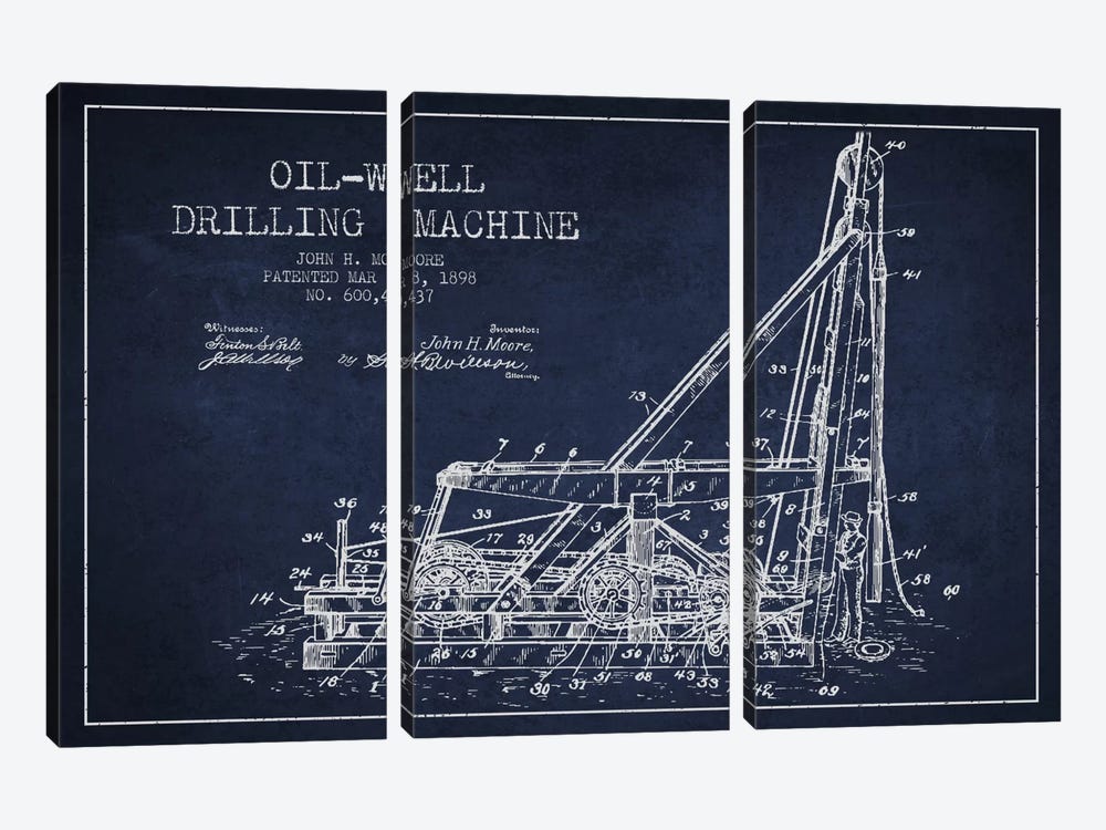 Oil Well Drilling Navy Blue Patent Blueprint by Aged Pixel 3-piece Canvas Art Print