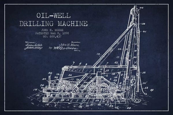 Engineering & Machinery Blueprints: Oil Well Drilling Navy Blue Patent Blueprint by Aged Pixel