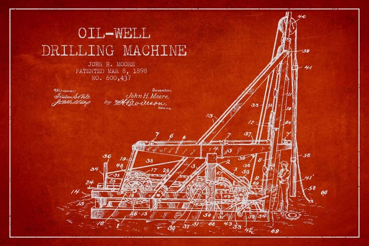 Oil Well Drilling Red Patent Blueprint