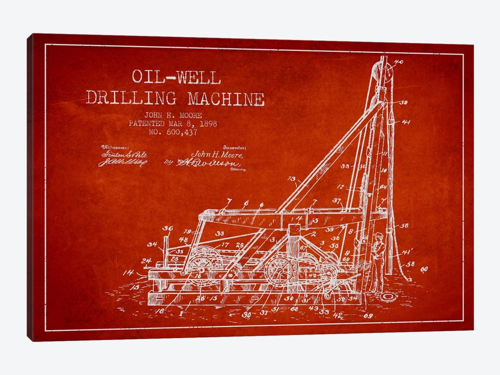 Oil Well Drilling Red Patent Blueprint by Aged Pixel 1-piece Canvas Artwork