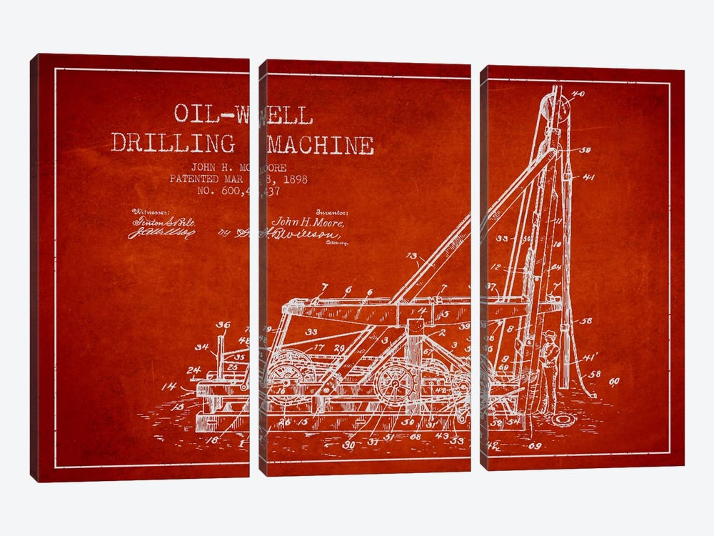 Oil Well Drilling Red Patent Blueprint by Aged Pixel 3-piece Canvas Wall Art
