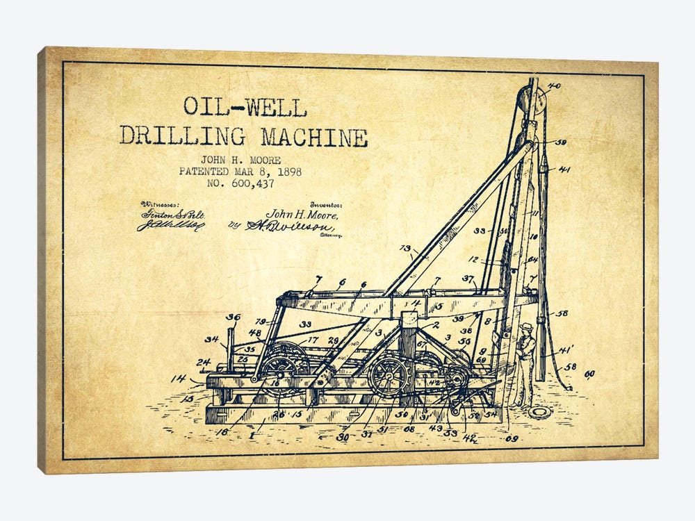 Oil Well Drilling Vintage Patent Blueprint by Aged Pixel 1-piece Canvas Art Print