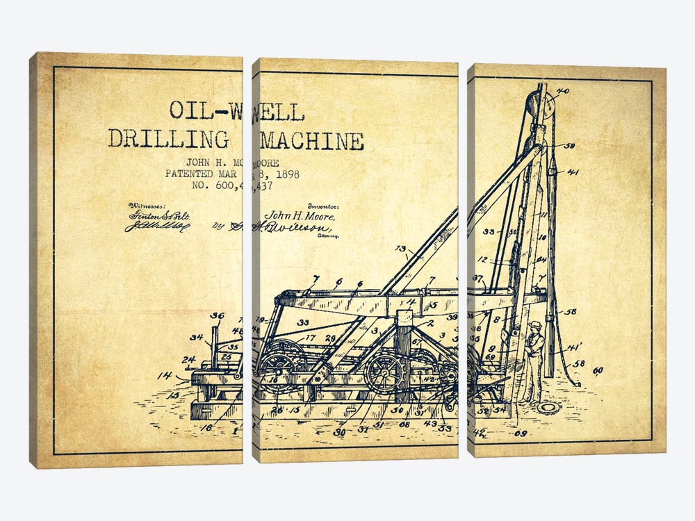 Oil Well Drilling Vintage Patent Blueprint by Aged Pixel 3-piece Canvas Print