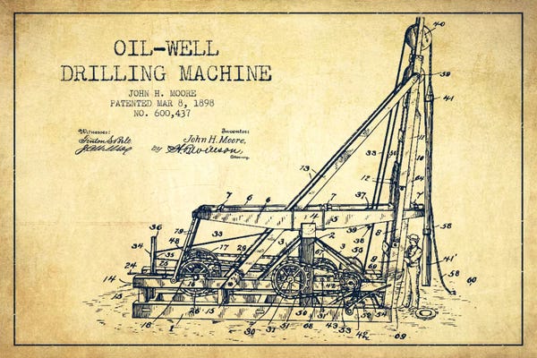 Engineering & Machinery Blueprints: Oil Well Drilling Vintage Patent Blueprint by Aged Pixel