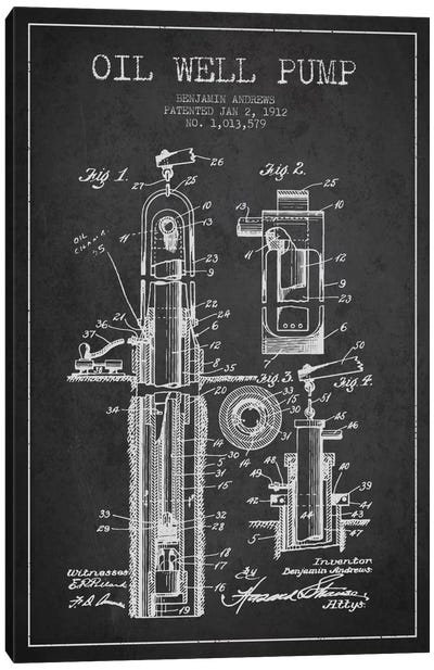 Oil Well Pump Charcoal Patent Blueprint Canvas Art Print - Aged Pixel: Engineering & Machinery