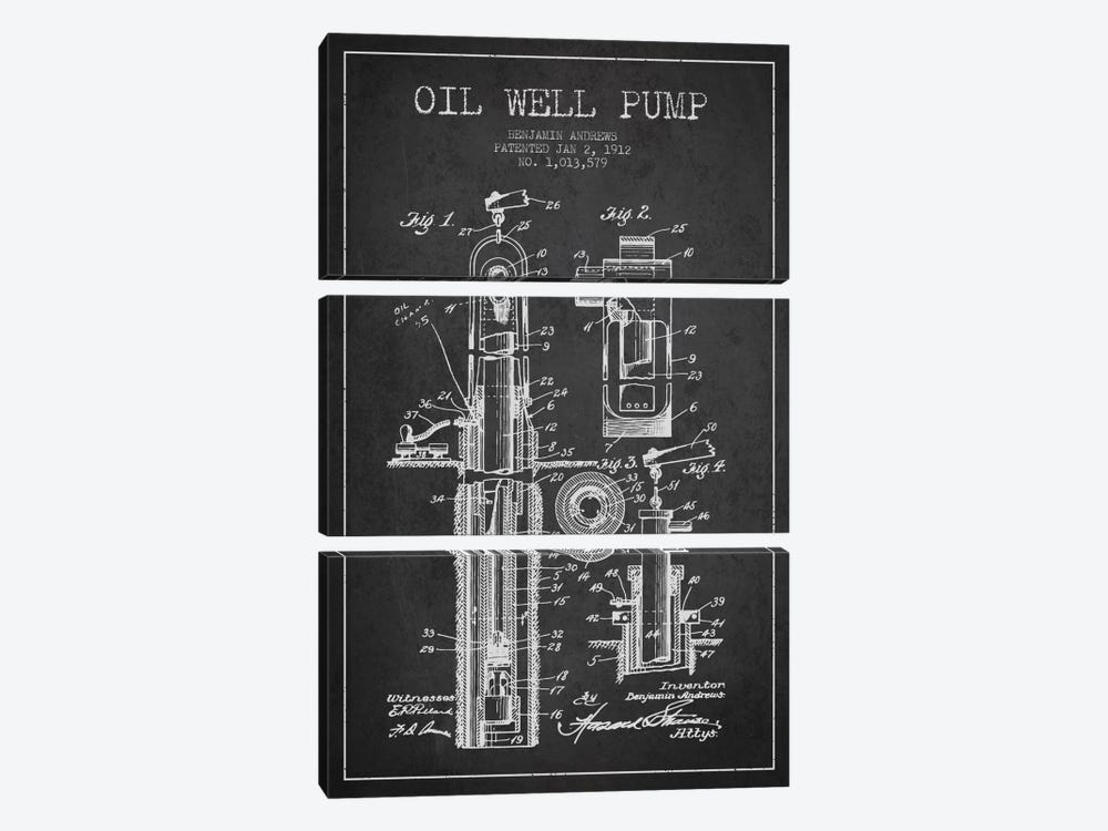 Oil Well Pump Charcoal Patent Blueprint by Aged Pixel 3-piece Canvas Art