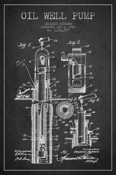 Engineering & Machinery Blueprints: Oil Well Pump Charcoal Patent Blueprint by Aged Pixel