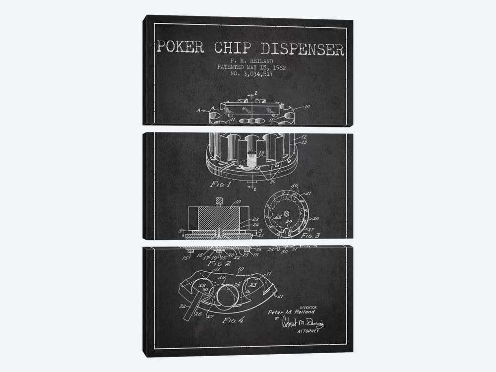 Poker Chip 3 Charcoal Patent Blueprint by Aged Pixel 3-piece Canvas Artwork