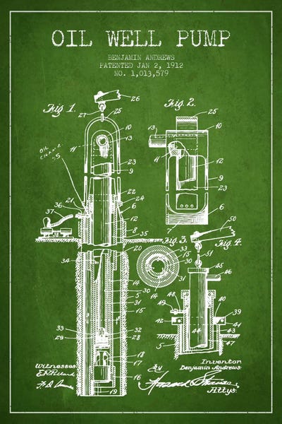 Oil Well Pump Green Patent Blueprint by Aged Pixel metal wall art