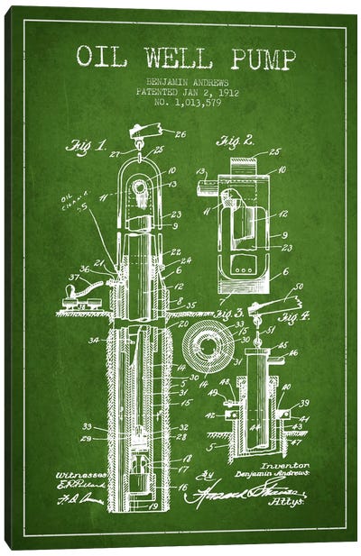 Oil Well Pump Green Patent Blueprint Canvas Art Print - Aged Pixel: Engineering & Machinery