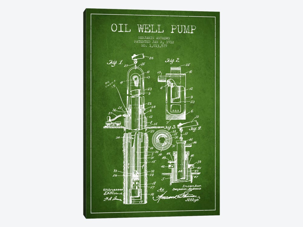 Oil Well Pump Green Patent Blueprint by Aged Pixel 1-piece Canvas Wall Art