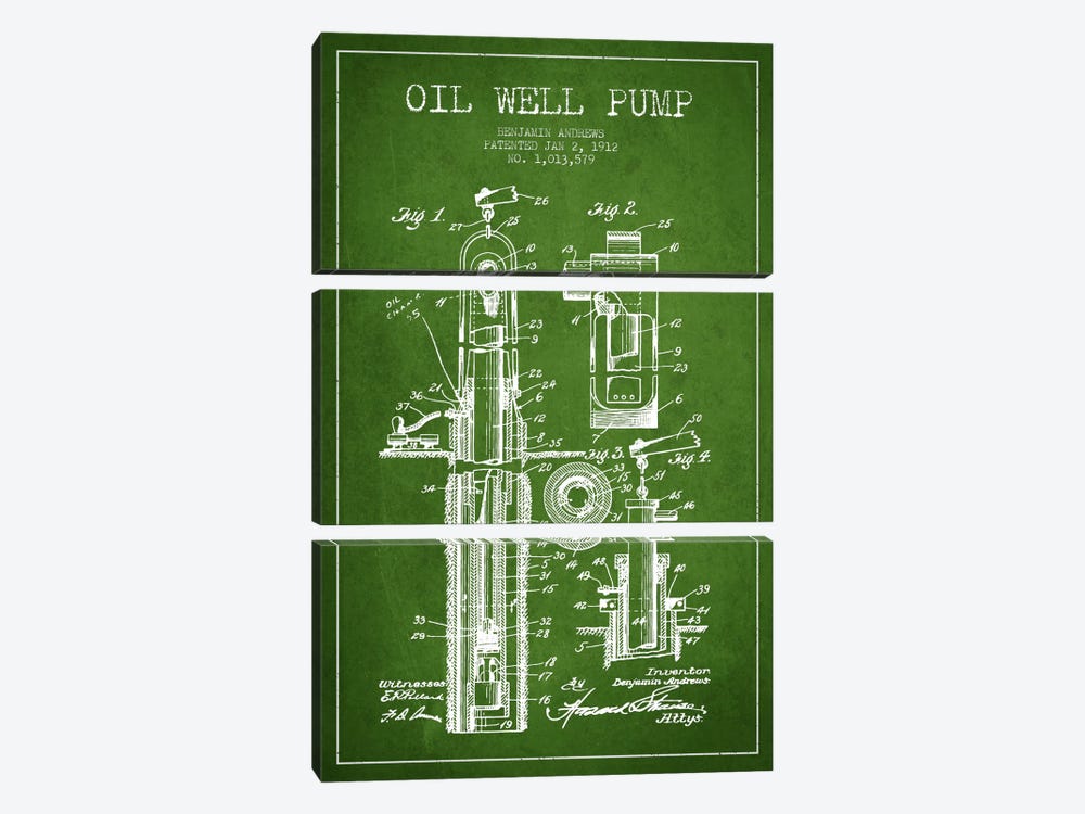 Oil Well Pump Green Patent Blueprint by Aged Pixel 3-piece Canvas Artwork