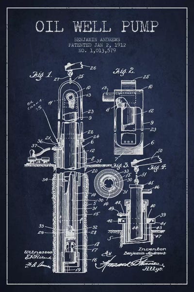 Oil Well Pump Navy Blue Patent Blueprint by Aged Pixel framed canvas print