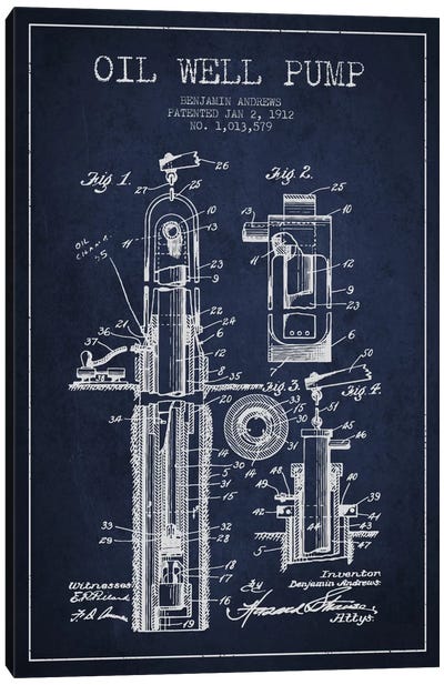 Oil Well Pump Navy Blue Patent Blueprint Canvas Art Print - Engineering & Machinery Blueprints