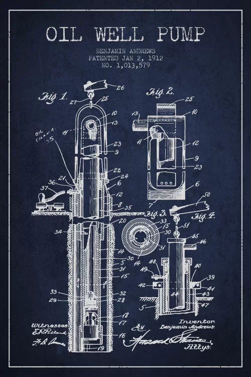 Oil Well Pump Navy Blue Patent Blueprint