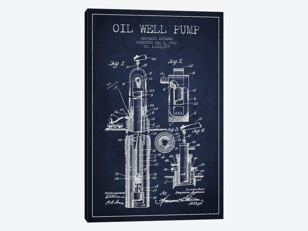 Oil Well Pump Navy Blue Patent Blueprint by Aged Pixel 1-piece Canvas Print