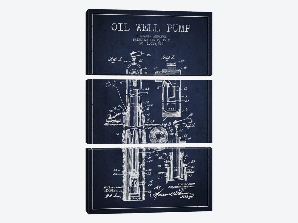 Oil Well Pump Navy Blue Patent Blueprint by Aged Pixel 3-piece Canvas Art Print
