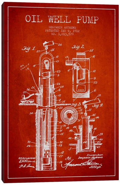 Oil Well Pump Red Patent Blueprint Canvas Art Print - Aged Pixel: Engineering & Machinery