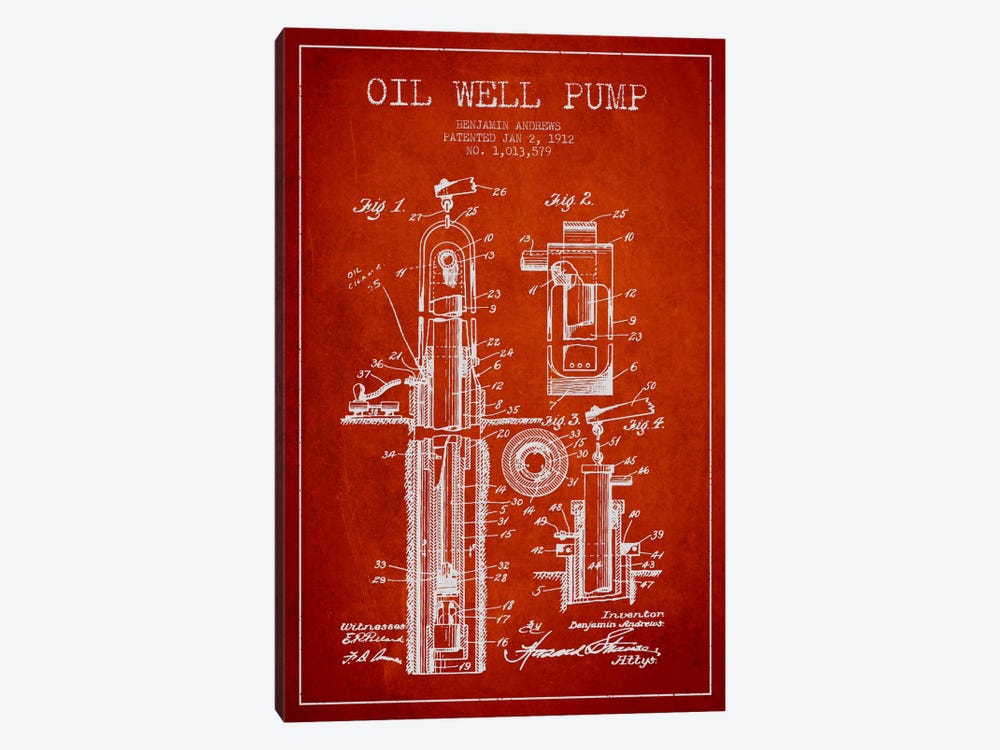 Oil Well Pump Red Patent Blueprint by Aged Pixel 1-piece Canvas Wall Art