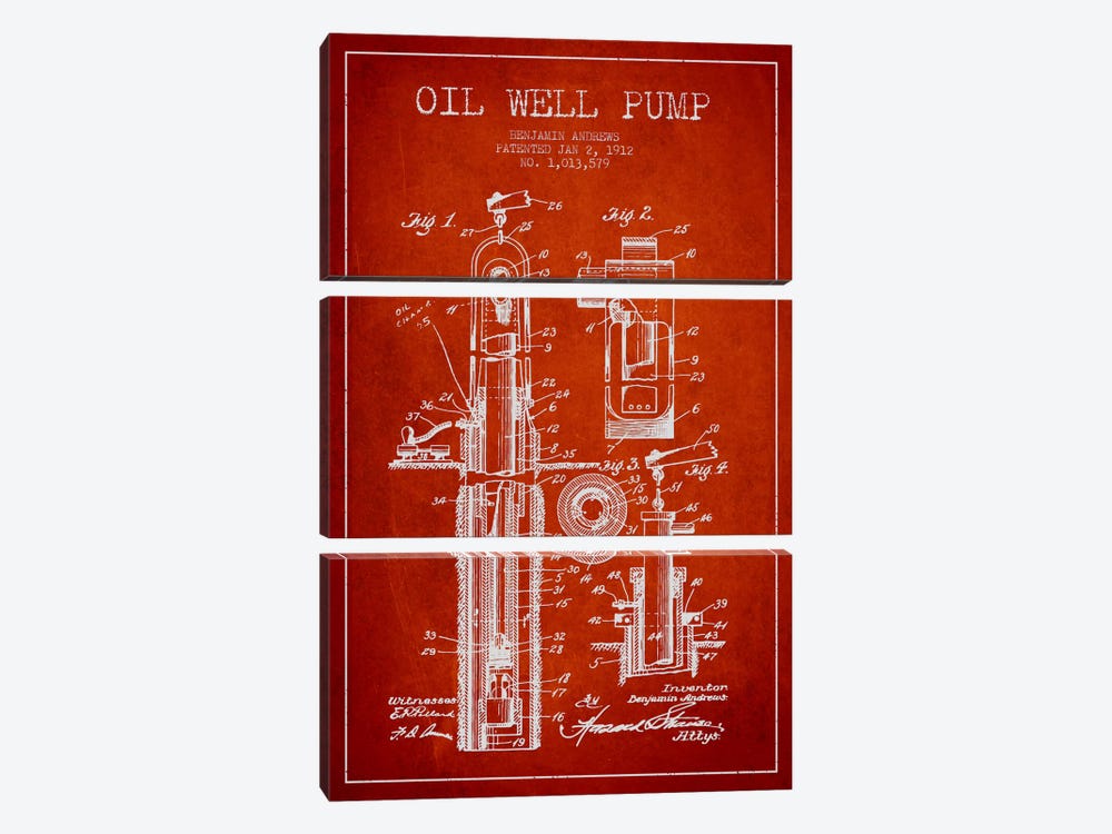 Oil Well Pump Red Patent Blueprint by Aged Pixel 3-piece Canvas Wall Art