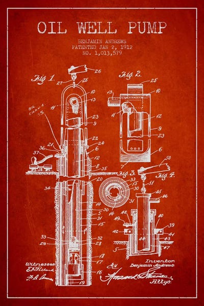 Engineering & Machinery Blueprints: Oil Well Pump Red Patent Blueprint by Aged Pixel