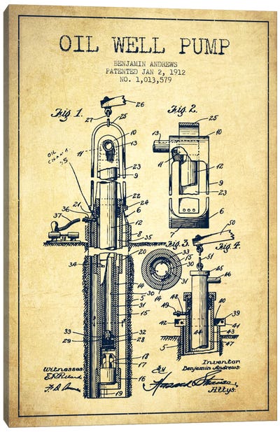 Oil Well Pump Vintage Patent Blueprint Canvas Art Print - Engineering & Machinery Blueprints