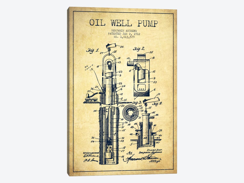 Oil Well Pump Vintage Patent Blueprint by Aged Pixel 1-piece Canvas Art Print