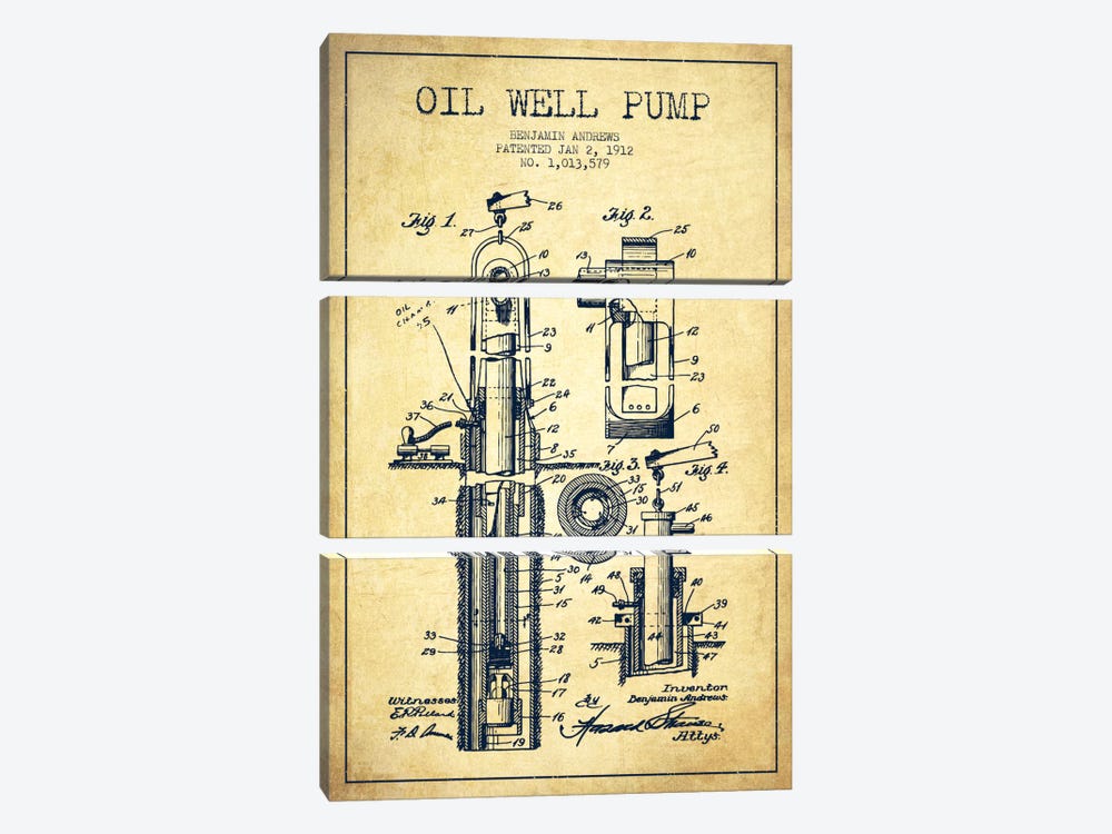 Oil Well Pump Vintage Patent Blueprint by Aged Pixel 3-piece Canvas Art Print