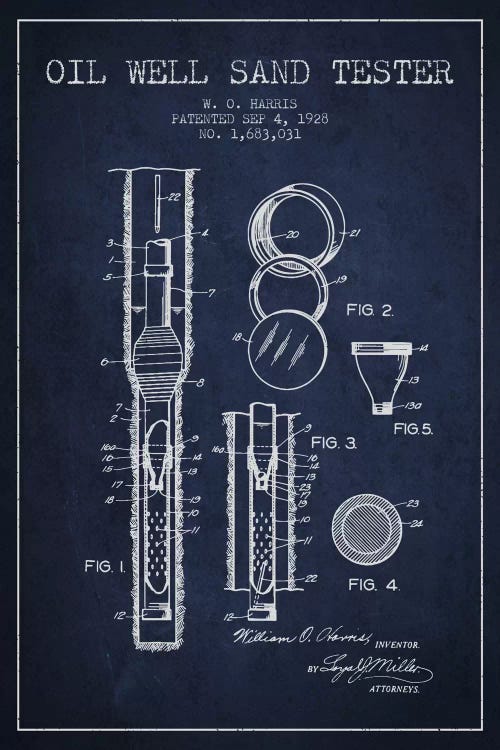 Oil Well Tester Navy Blue Patent Blueprint by Aged Pixel wall art