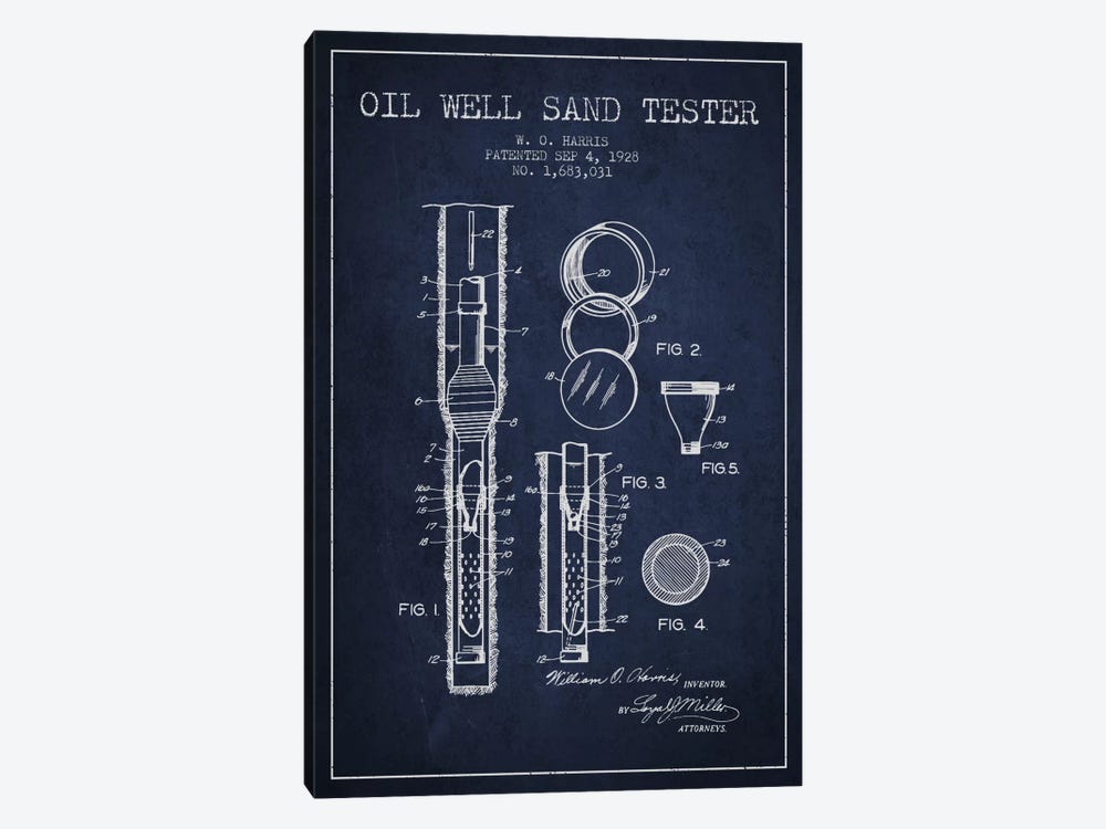 Oil Well Tester Navy Blue Patent Blueprint by Aged Pixel 1-piece Canvas Art