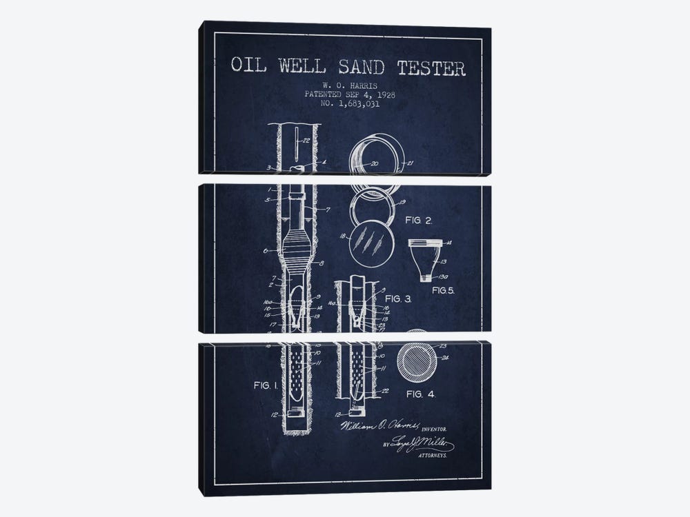 Oil Well Tester Navy Blue Patent Blueprint by Aged Pixel 3-piece Canvas Art