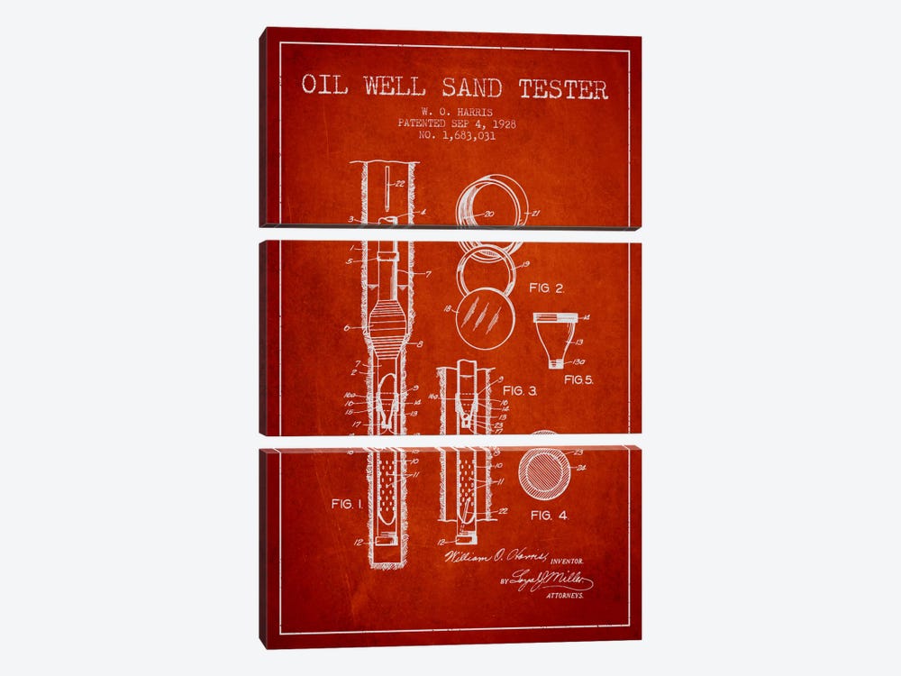 Oil Well Tester Red Patent Blueprint by Aged Pixel 3-piece Art Print