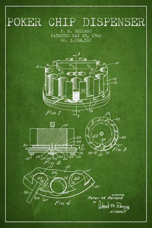 Poker Chip 3 Green Patent Blueprint by Aged Pixel wall art