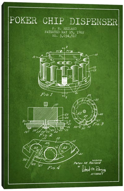 Poker Chip 3 Green Patent Blueprint Canvas Art Print - Gambling Art