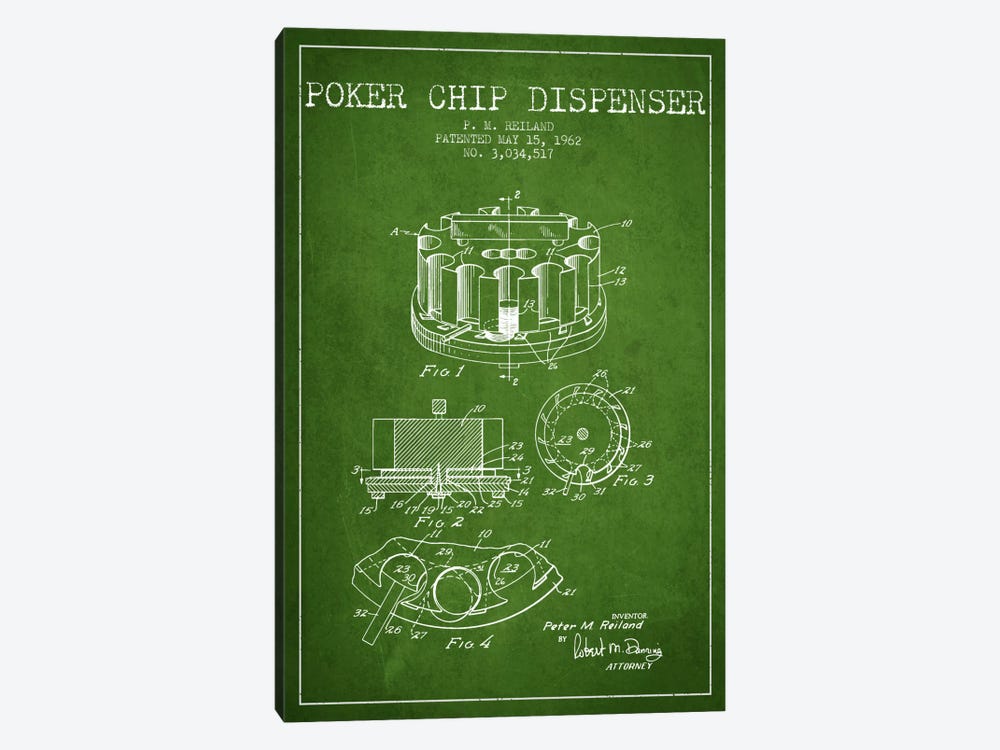 Poker Chip 3 Green Patent Blueprint by Aged Pixel 1-piece Canvas Print