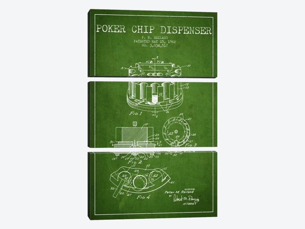 Poker Chip 3 Green Patent Blueprint by Aged Pixel 3-piece Art Print