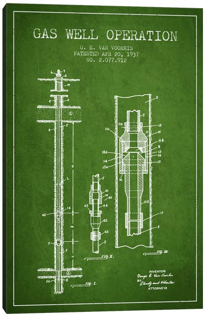 Gas Well Operation Green Patent Blueprint Canvas Art Print - Engineering & Machinery Blueprints