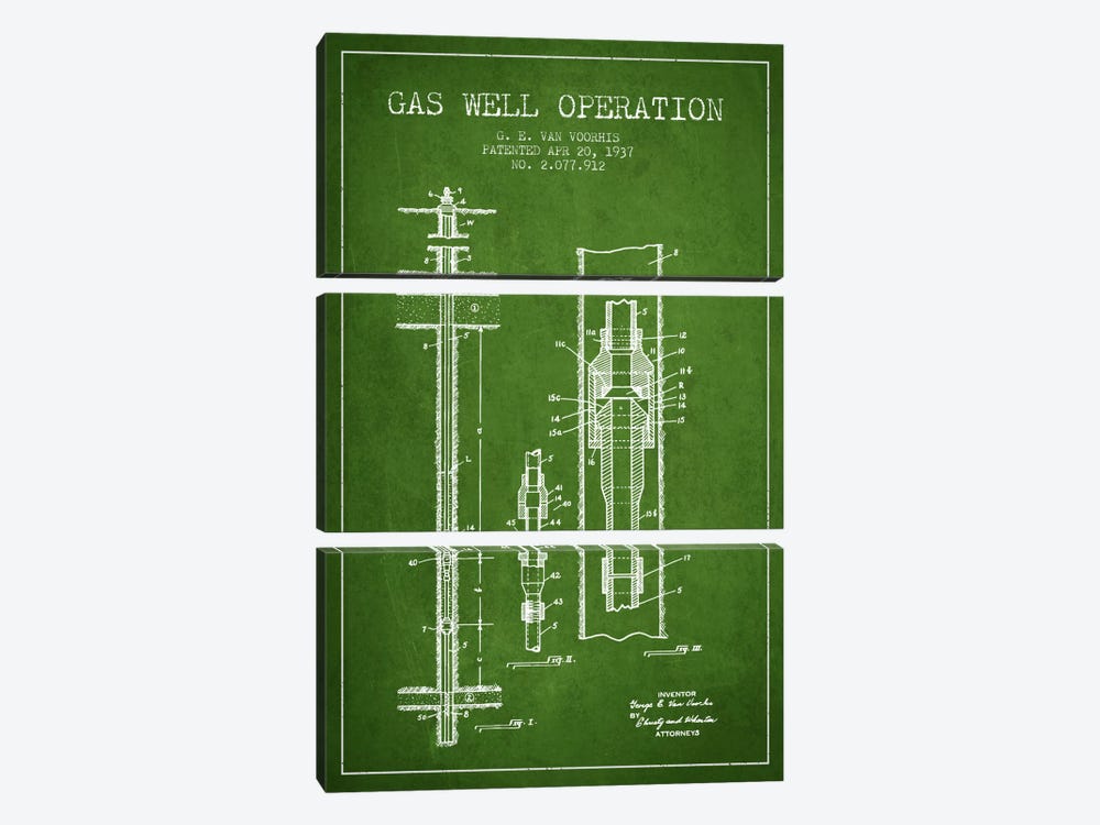 Gas Well Operation Green Patent Blueprint by Aged Pixel 3-piece Art Print